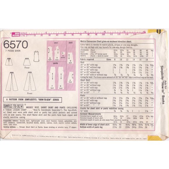 1970s Vintage Simplicity 6570 Sewing Pattern Misses Simple Vest Short Skirt and - Picture 2 of 2